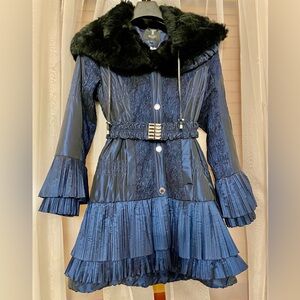 Basic Editions Navy Patterned Winter Coat with Natural Rabbit Fur Hood